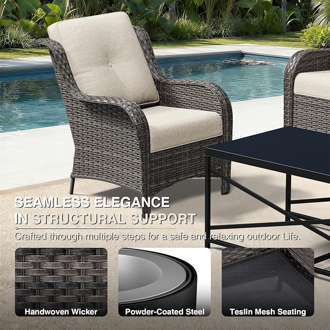 Joyside 4 Piece Wicker Patio Furniture Set, Rattan Patio Chairs with High Back, Deep Seating, Wide Armrest, Thickened Cushions, Outdoor Furniture for Deck, Porch Use