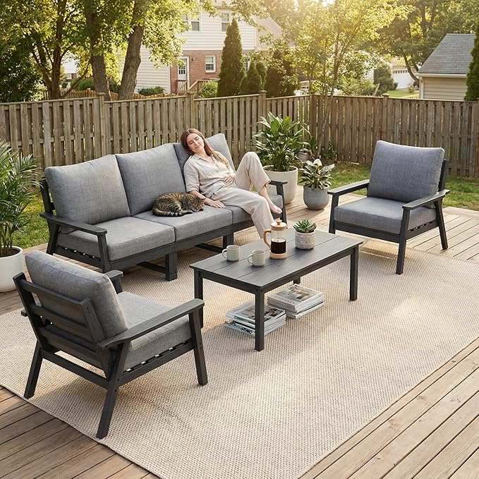 LOUNZY HDPE Patio Furinture Set, 6 Piece Sectional Sofa Outdoor Furniture Set, All Weather Outdoor Couch Set Patio Conversation Set for Deck, Lawn, Grey
