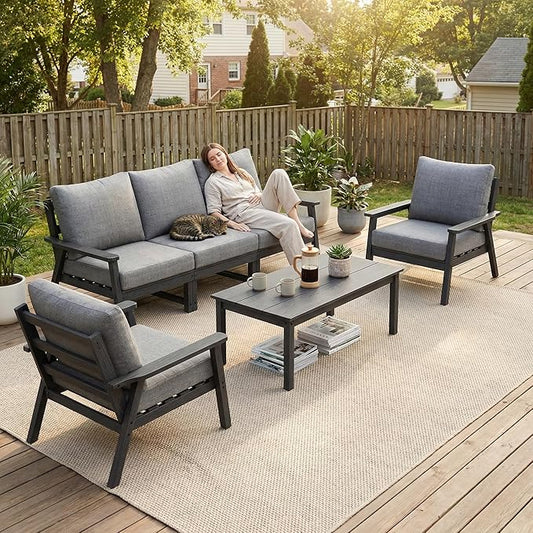 LOUNZY HDPE Patio Furinture Set, 6 Piece Sectional Sofa Outdoor Furniture Set, All Weather Outdoor Couch Set Patio Conversation Set for Deck, Lawn, Grey