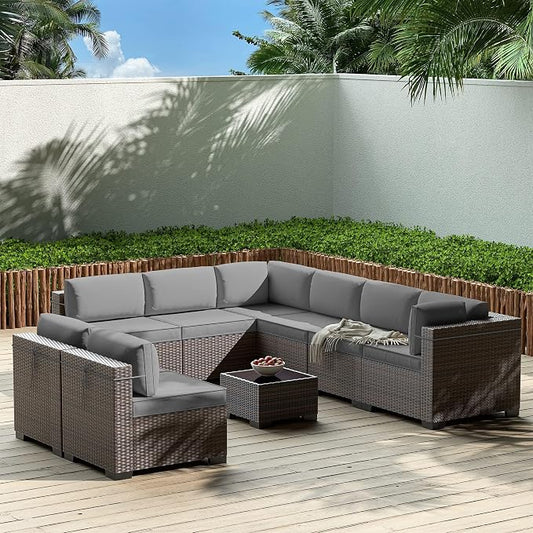 Gotland 9 Pieces Patio Furniture Set with 29.5'' High Backrest, All Weather PE Wicker Outdoor Furniture with 4’’ Thickened Cushions Coffee Table, Patio Set for Deck, Garden, Backyard, Grey