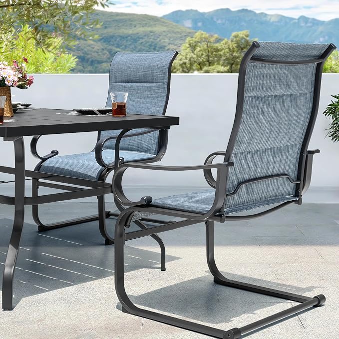 NUU GARDEN 7PCS Patio Dining Set with 1.6 Inch Umbrella Hole Powder-Coated Metal Frame Outdoor Furniture with 6 Padded Textilene C-Spring Chairs and Table for Backyard Garden Poolside Lawn Black Blue