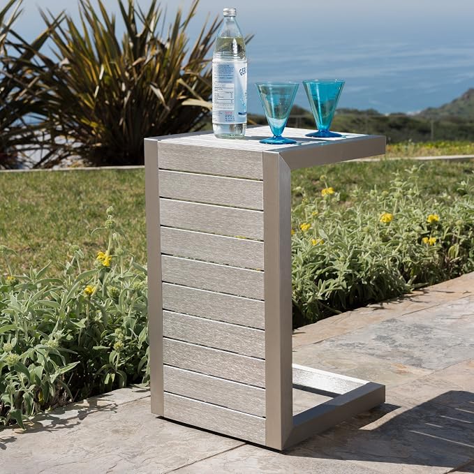 24" H Aluminium Silver Patio Side Table, Small C-Shaped Outdoor Patio Table Coffee Table for Patio, Garden or Balcony