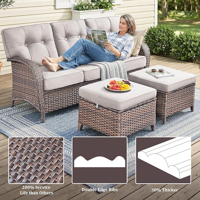 9 PCS Patio Furniture Set Outdoor Sectional Sofa Couch with Rocking Swivel Chairs 5" Deep Seat Chairs, Modern Wicker Rattan Conversation Set, Beige/Brown Wicker