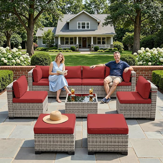 9-Piece Patio Furniture Set, Outdoor with Ottomans, Modular Patio Sofa, Dual-Strand Wicker Rattan, Rust-Resistant Frame, Backyard Furniture for Garden, Deck, Red