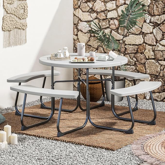 COSTWAY Round Picnic Table with Umbrella Hole, Outdoor Picnic Table with Bench Set for 4-8 People, HDPE Tabletop, Patio Dining Furniture Set for Family Gatherings, BBQ Party, Backyard (Grey)