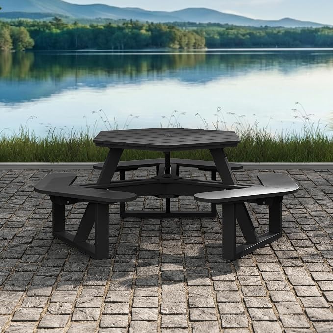 Shoreline Made in USA Hexagon Picnic Table, Seating for 6, Black Sand
