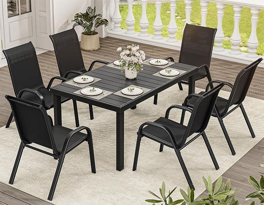 YITAHOME Stackable Patio Dining Set for 6, Breathable Outdoor Dining Set w/55 Aluminum Patio Table & 6 Stackable Patio Chairs Set, All Weather Outdoor Patio Dining Set for Backyard Deck Porch, Black