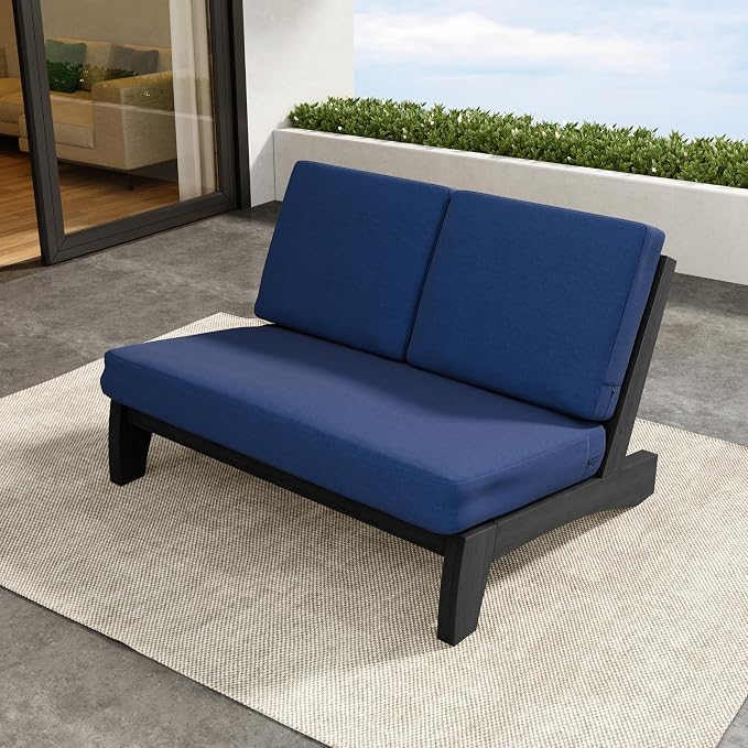 Outdoor Furniture Patio Couch, Weather Resistant Patio Loveseat Sofa Couch with Removable Cushion & Pillows, Black Wood Frame for Porch & Backyard Seating - Navy