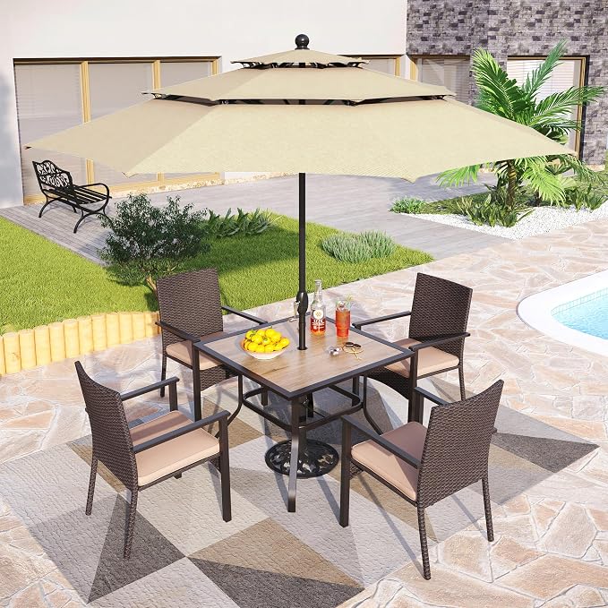 PHI VILLA 5pc Patio Dining Set with Umbrella, Square Table, Rattan Chairs | 37" Wood-like square dining table, cushioned wicker chairs, 10ft beige umbrella. Perfect for patio, deck, yard, porch.