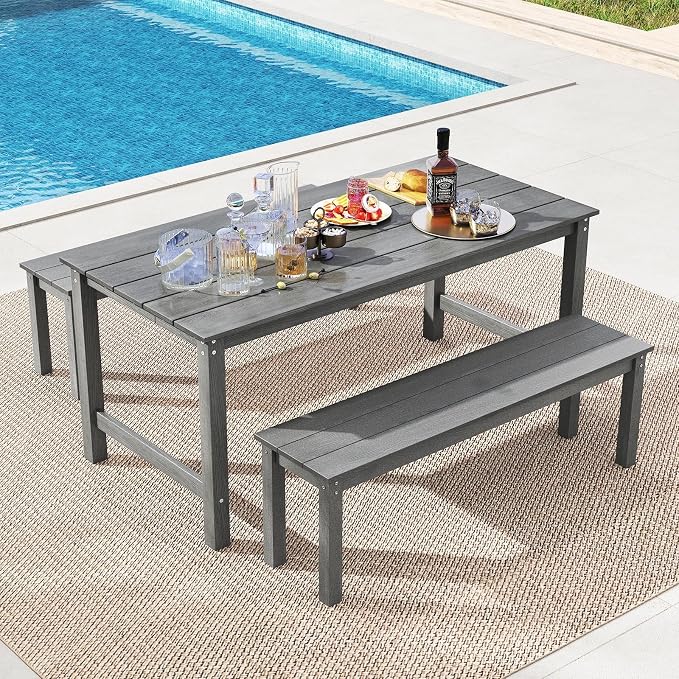 Tangkula 3 Pieces Outdoor HDPE Dining Table Set with 2 Benches, Weather Resistant Patio Furniture Set with 1.77” Umbrella Hole and Wood-Like Surface for Garden, Backyard and Poolside (Gray, 3 Pcs)