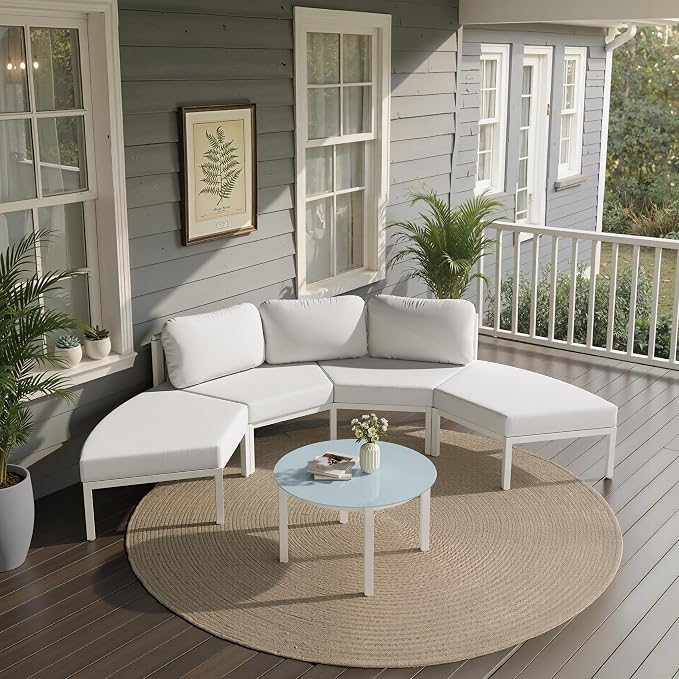 Crestlive Curved Patio Furniture Set, Modular Half Moon 4-Seater Sofa with Round Coffee Table, Aluminum Outdoor Sectional with 4.3" Cushions, All-Weather Couch for Backyard, Deck, Porch, Poolside