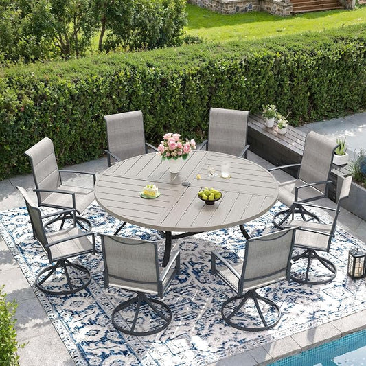 DIFY 9 Piece Outdoor Dining Set, Metal Patio Table and Chairs Set, 59.8" Grey Wood-Like Round Dining Table & 8 Grey Padded Textilene Swivel Patio Chairs, Outdoor Furniture Set for Garden Backyard