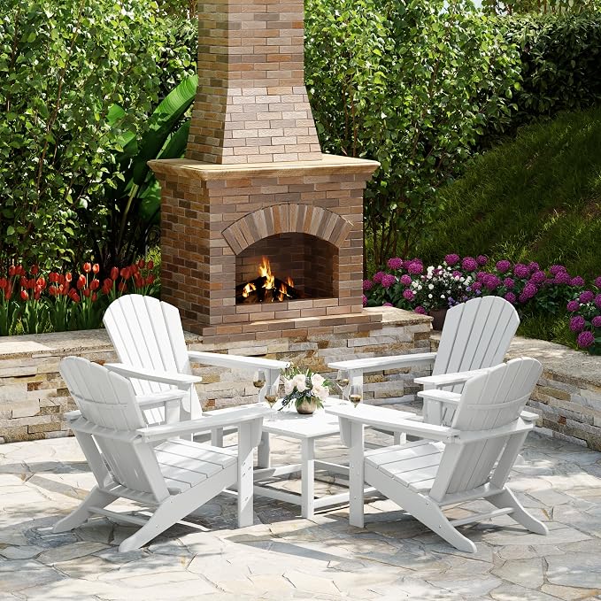 Costaelm Patio Conversation Set, Patio Chairs Set of 5 Balcony Firepit Furniture Outdoor Adirondack Square Table and Chair Backyard Furniture Set for Lawn Porch Pool Garden, White