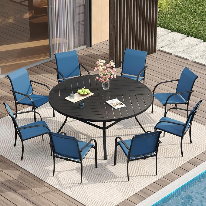 VICLLAX Round Patio Table with Adjustable Umbrella Hole for 6, All Weather 53.1" Metal Outdoor Dining Table for Lawn Garden, Black