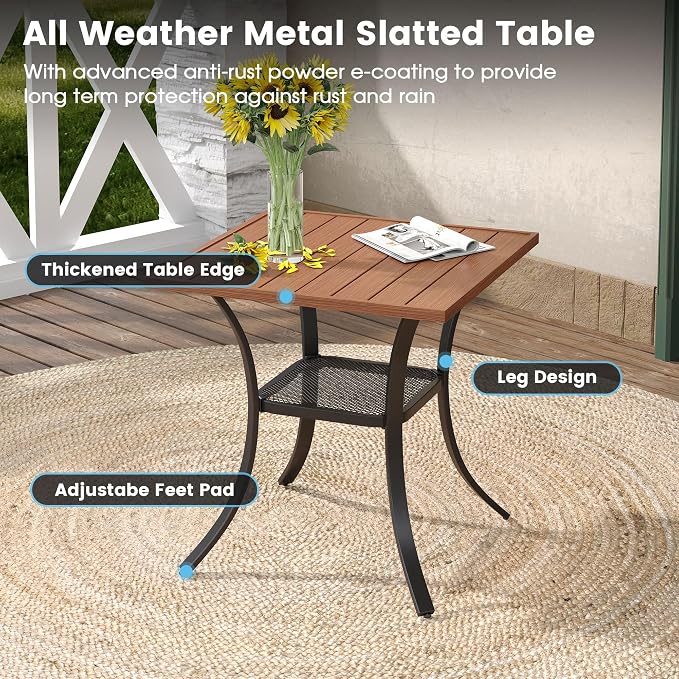 DIFY 3 Pieces Outdoor Patio Dining Set for 2, 27.6" Small Walnut Square Metal Dining Table and 2 Black Patio Stackable Chairs with Metal Frame, Outdoor Table and Chairs for Garden Porch