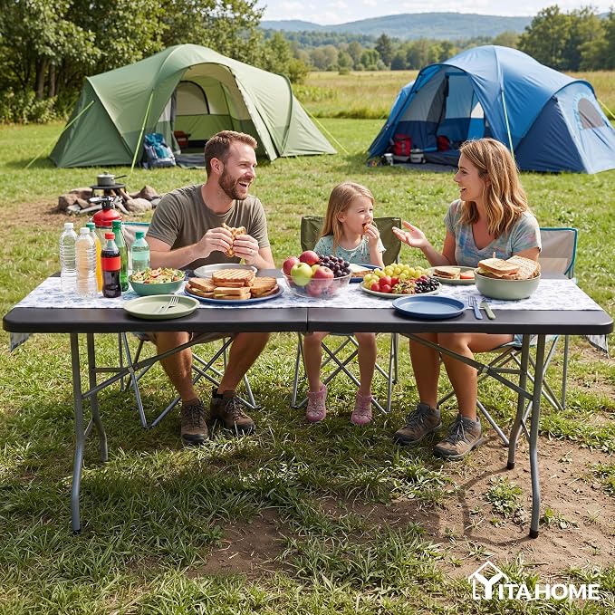 YITAHOME 6ft Folding Tables Heavy Duty Folding Table with Carrying Handle Plastic Fold up Table for Outdoor Camping Picnic Parties/Indoor Events All in Black