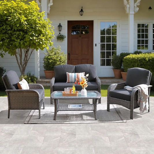ovios 4-Piece Patio Furniture Set, Outdoor Wicker Sofa with Chairs Coffee Table, High Back Rattan Couch Loveseat with Comfy Cushions for Porch Yard Deck, Black