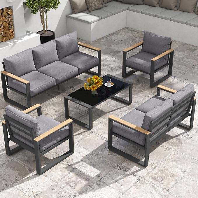 RoyalCraft 5 Piece Aluminum Patio Furniture Set, Outdoor Conversation Set with Coffee Table, Metal Outdoor Patio Furniture Set for Porch Backyard Garden, Grey