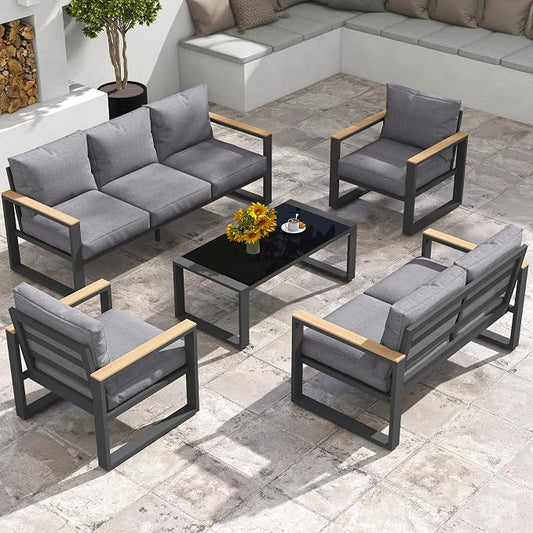 RoyalCraft 5 Piece Aluminum Patio Furniture Set, Outdoor Conversation Set with Coffee Table, Metal Outdoor Patio Furniture Set for Porch Backyard Garden, Grey