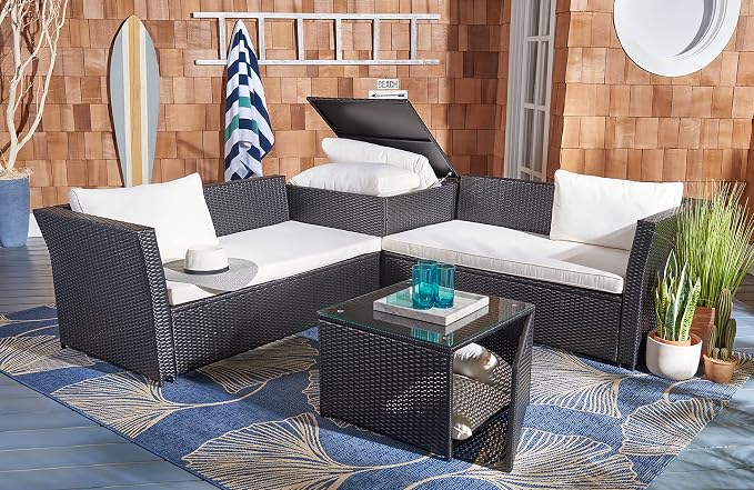 SAFAVIEH Outdoor Collection Helga Black/Beige Wicker Conversation Patio Set