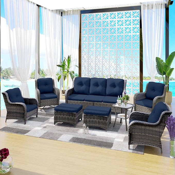 Wicker Patio Furniture Sets 8 Piece Set with 3-Seat Sofa, 2 Swivel Rocking Armchairs, 2 Armchairs, 2 Ottoman and 1 Side Table Wicker Outdoor Furniture Sectional Conversation Set, Blue