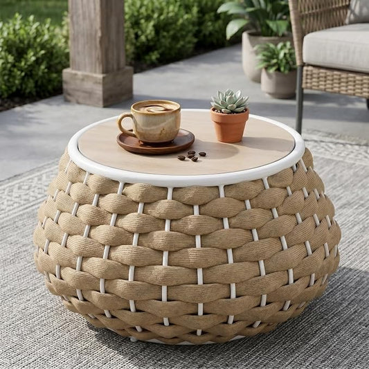 28 inch Outdoor Side Table, Large Patio End Table with Removable Lid Round Accent Side Tables with Metal Frame and Hollow Out Bottom for Patio, Balcony Porch, Poolside, Garden, Yard (Brown)