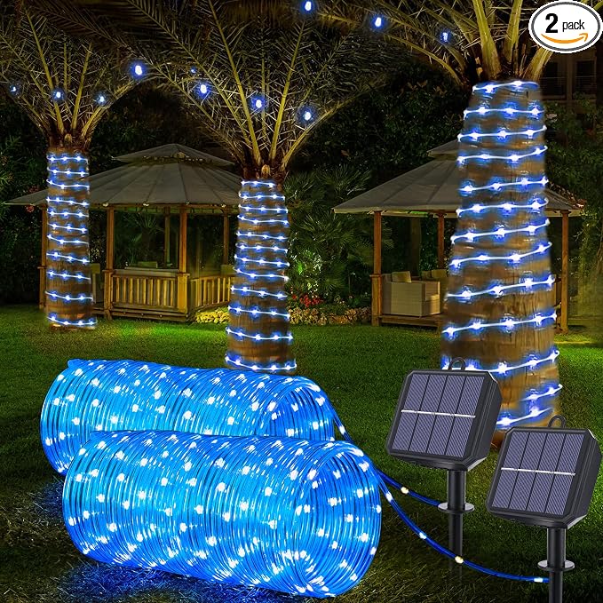 Jnaurb Solar Rope Lights, 2 Packs Total 132ft 400LED Solar String Lights, 8 Modes Waterproof Solar Outdoor Light, Flexible Clear Trampoline Light for Garden Backyard Patio Deck Pool Tree Decor - Blue