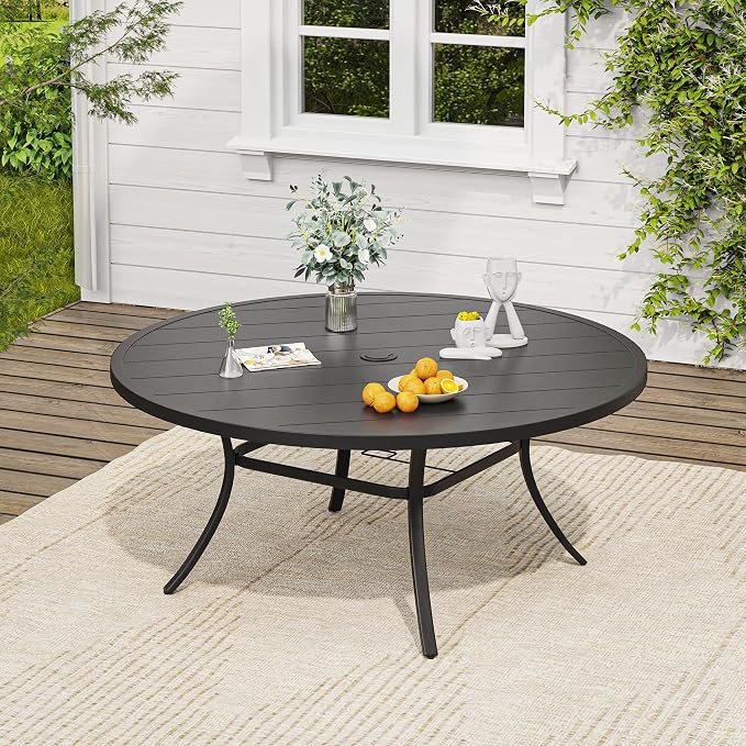 VICLLAX 11 Pieces Patio Dining Set, 10 Stakable Wicker Outdoor Chairs and 63" Patio Round Metal Table with Umbrella Hole for Backyard Lawn Deck, Black Tabletop