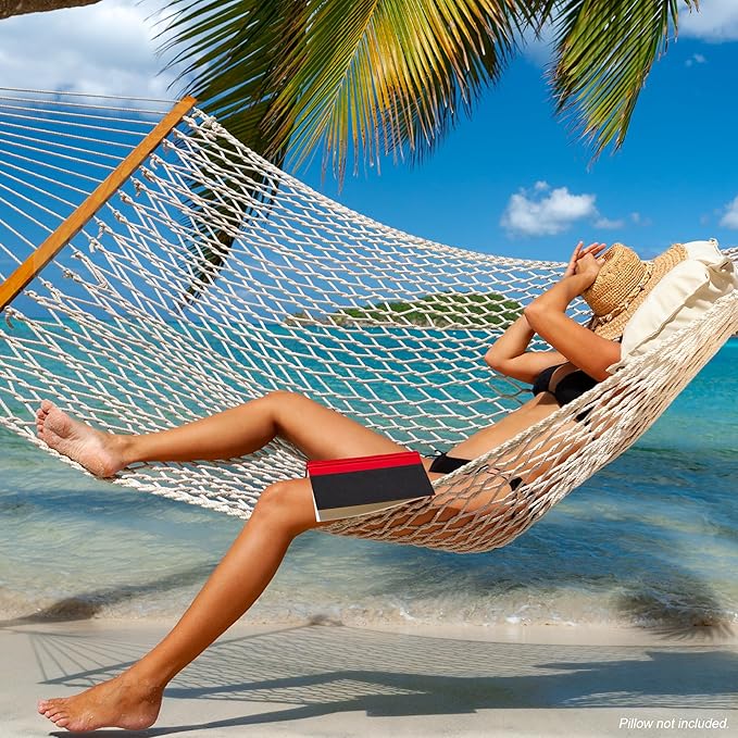 GAFETE Double Hammocks for Outside, Handwoven Traditional Cotton Rope 2 Person Hammock with Hardwood Spreader Bar, Chains & Hooks for Indoor Outdoor, Max 450 lbs Capacity (Natural Beige, Medium)