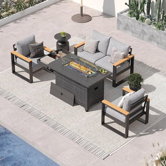 Sundale Outdoor Aluminum Patio Furniture Set, 4 Piece Outdoor Conversation Sets with Fire Pit and 6" Thick Olefin Cushions, All Weather Outdoor Sectional Set for Deck, Lawn, Yard