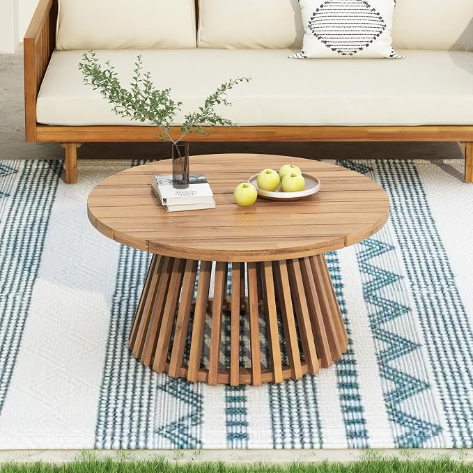 LUMISOL Patio Outdoor Acacia Wood Round Coffee Table, Circle Center Table for Backyard, Lawn, Balcony, Light Teak
