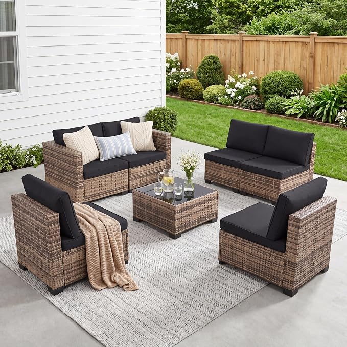 7-Piece Modular Outdoor Sectional Wicker Patio Furniture Set | All-Weather Conversation Set w/ Glass Coffee Table for Backyard, Garden, Poolside (Natural PE Rattan + Black Cushions)