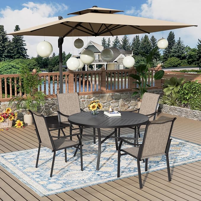 MIXPATIO 5 Pieces Patio Dining Set, 4 Person 42" Round Black Table and Textilene Chairs, with 1.57" Umbrella Hole, Outdoor Patio Table and Chairs, for Garden Lawn Porch Backyard Poolside