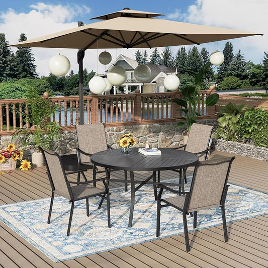 MIXPATIO 5 Pieces Patio Dining Set, 4 Person 42" Round Black Table and Textilene Chairs, with 1.57" Umbrella Hole, Outdoor Patio Table and Chairs, for Garden Lawn Porch Backyard Poolside