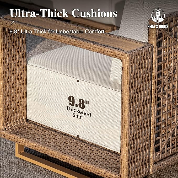 HERA'S HOUSE Patio Sectional Furniture Set, 8 Pieces Outdoor Yellow Rattan Wicker Sofas, Modular Deep Seating Conversation Set with 10" Thick Cushion, Low Profile Deck Yard Lawn Furniture