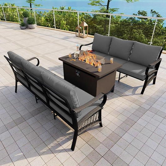 Outdoor Furniture Set, Patio Conversation Set Include 2 x 3-Seater and Fire Pit Table for Deck, Porch, Garden, Backyard, Poolside (Gray, 3-Piece)