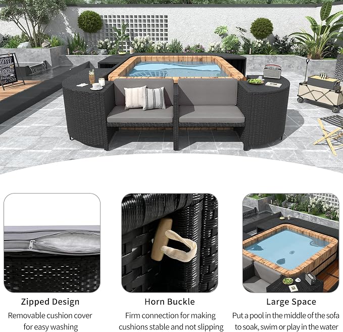 LUMISOL Outdoor Spa Surround Furniture with Storage Spaces, Patio Rattan Sectional Sofa Set with Mini Sofa, Gray