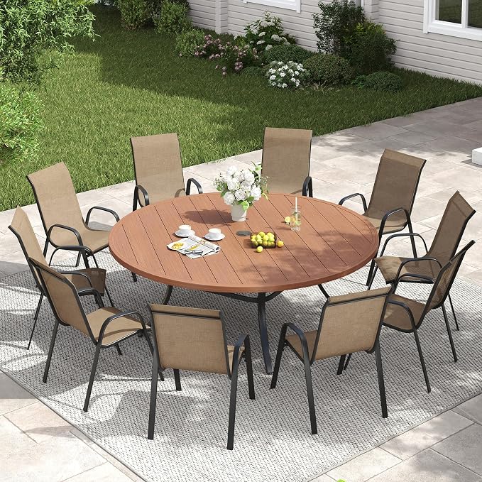 VICLLAX Outdoor Dining Set for 10, All Weather Metal 11 Pieces Patio Set-63 Round Outdoor Table and Stackable Chairs for Lawn Garden and Backyard, Walnut Wood Grain Tabletop