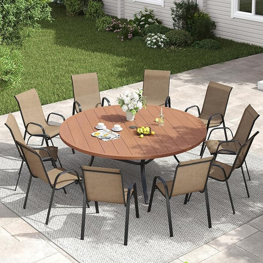 VICLLAX Outdoor Dining Set for 10, All Weather Metal 11 Pieces Patio Set-60 Round Outdoor Table and Stackable Chairs for Lawn Garden and Backyard, Walnut Wood Grain Tabletop