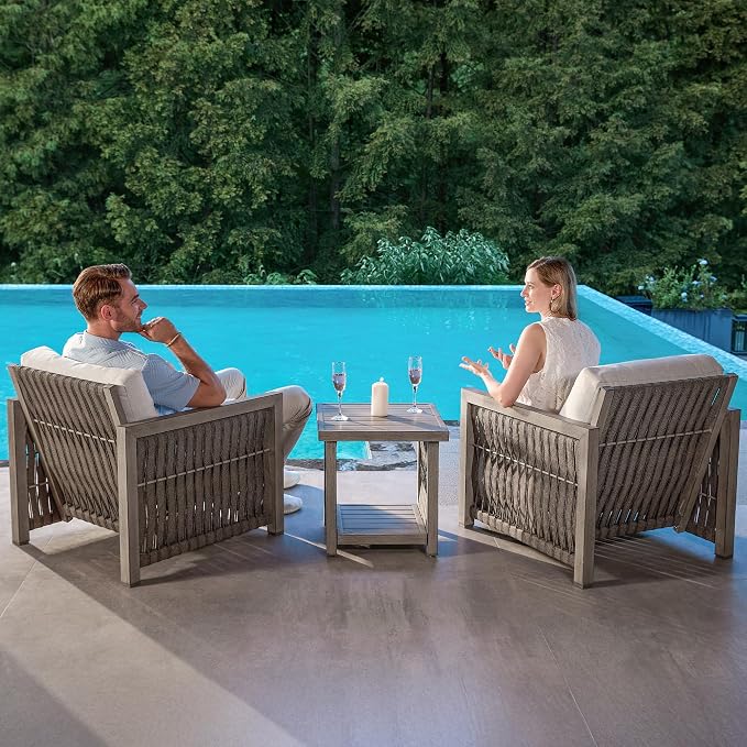 Patio Armchair, Rope Weave Outdoor Chair with Widened Armrests & Thick Cushions, All-Weather Aluminum Deep Seating Chair, Never Rust Patio Furniture for Garden, Porch, Deck, Gray Oak | Aluminum Frame