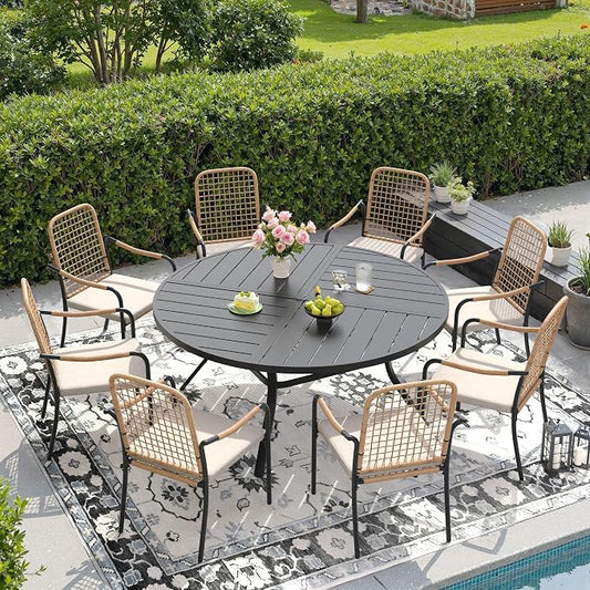 DIFY 9 Pieces Outdoor Dining Set, Metal Patio Table and Chairs Set for 8, 53.1" Round Dining Table with Umbrella Hole & Wicker Stackable Patio Chairs with Cushions, Black Tabletop