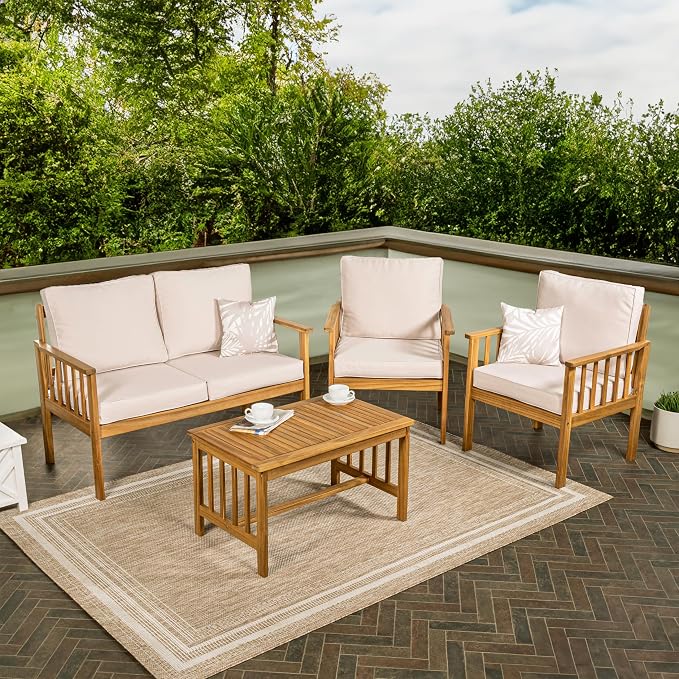 JONATHAN Y Everly 4-Piece Acacia Wood Outdoor Conversation Set, Modern Patio Seating with Loveseat, Coffee Table and Beige Cushions for Backyard, Porch and Garden, Teak Brown LVG1201B-4SET