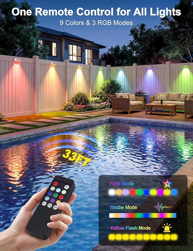 JOFIOS Fence Lights Solar Powered with Remote, 9 Fixed Colors ＆ Color Changing White Fence Lights Waterproof IP65 Dusk-to-Dawn LED Deck Lighting for Patio, Railing, Pool, Porch, Backyard, 12 Pack