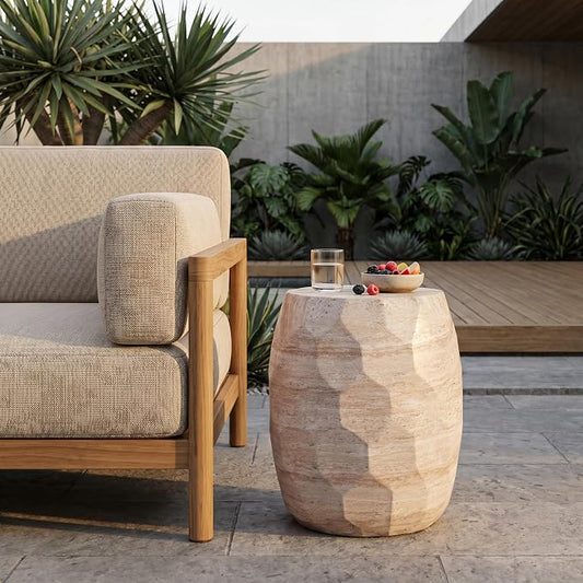 15.25" Outdoor Indoor Lightweight Concrete Round Side Table,Beige | Travertine Finish