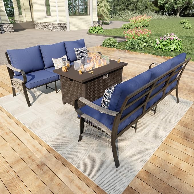 3 Pieces Patio Furniture Set, Metal Outdoor Conversation Sets with Fire Pit Table for Backyard Garden Deck Porch Poolside (Thick Blue Cushions)