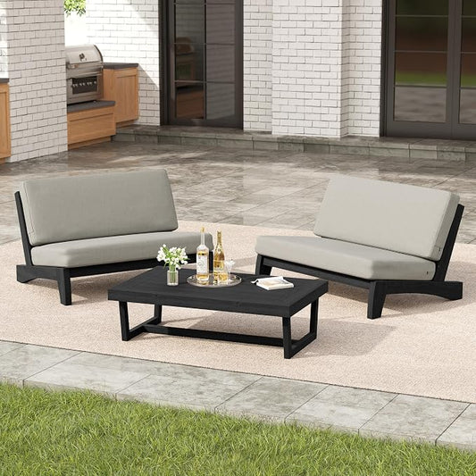 3 Pieces Patio Furniture Sets, All-Weather Outdoor Wood Bistro Set Patio Conversation Coffee Table Chiars and Patio Loveseat for Balcony, Backyard