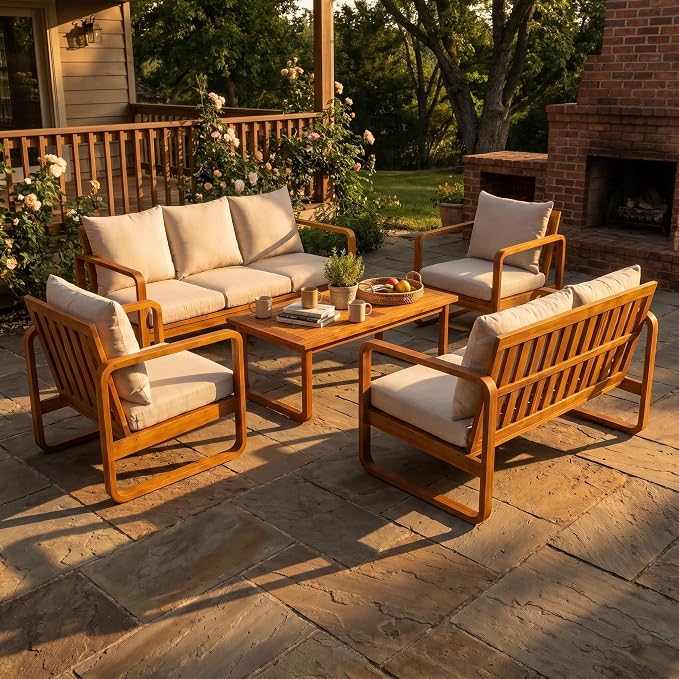 Christopher Knight Home Myra Acacia Wood 5 Piece Outdoor Patio Furniture Set, Wooden Patio Conversation Set with Sofa Loveseat Club Chairs & Coffee Table, 7-Seater Patio Sofas and Table Set,Teak+Beige
