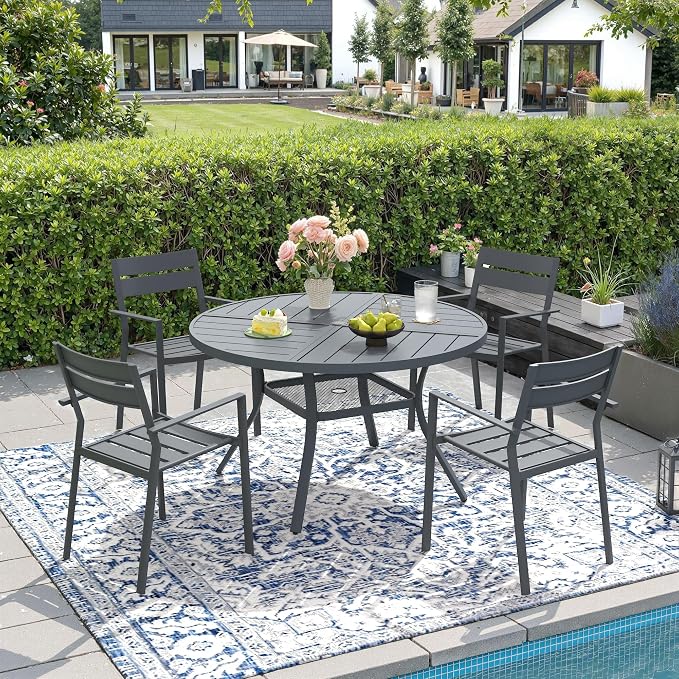 DIFY 5 Piece Outdoor Patio Dining Set for 4, 40.6" Round Dining Table with Umbrella Hole and Stackable Metal Chairs, Patio Table and Chairs Set for Backyard Garden Poolside, Grey