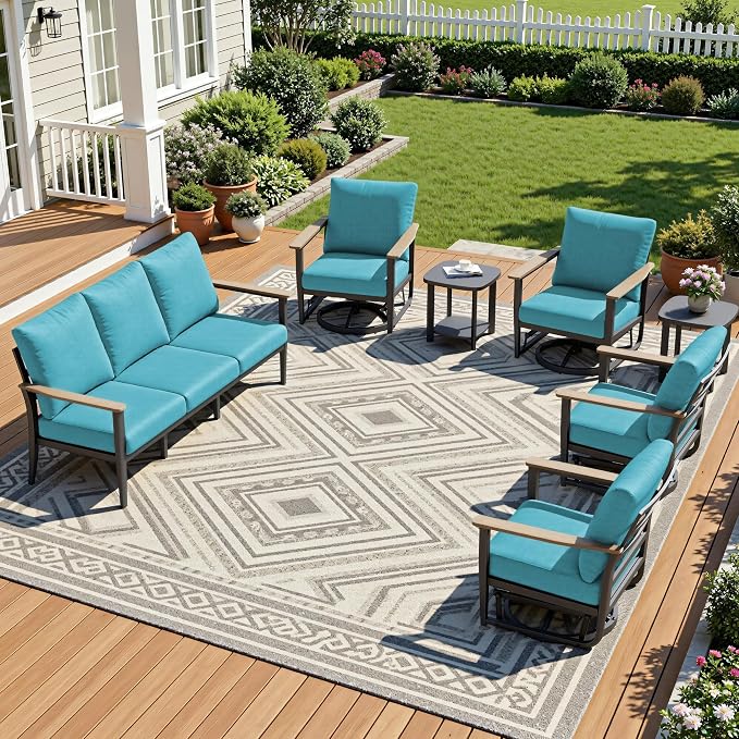 Aluminum Outdoor Patio Furniture Set with Swivel Rocking Chair 7-Piece, Patio Conversation Set Sectional Sofa with High Backrest & Thickened Cushions, Turquoise