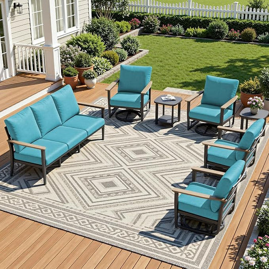 Aluminum Outdoor Patio Furniture Set with Swivel Rocking Chair 7-Piece, Patio Conversation Set Sectional Sofa with High Backrest & Thickened Cushions, Turquoise